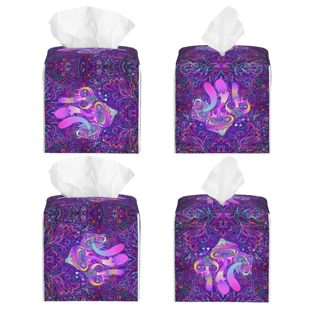 Custom Psychedelic Magic Mushrooms Tissue Box Cover Square PU Leather Facial Tissue Box Holder for Bathroom Car