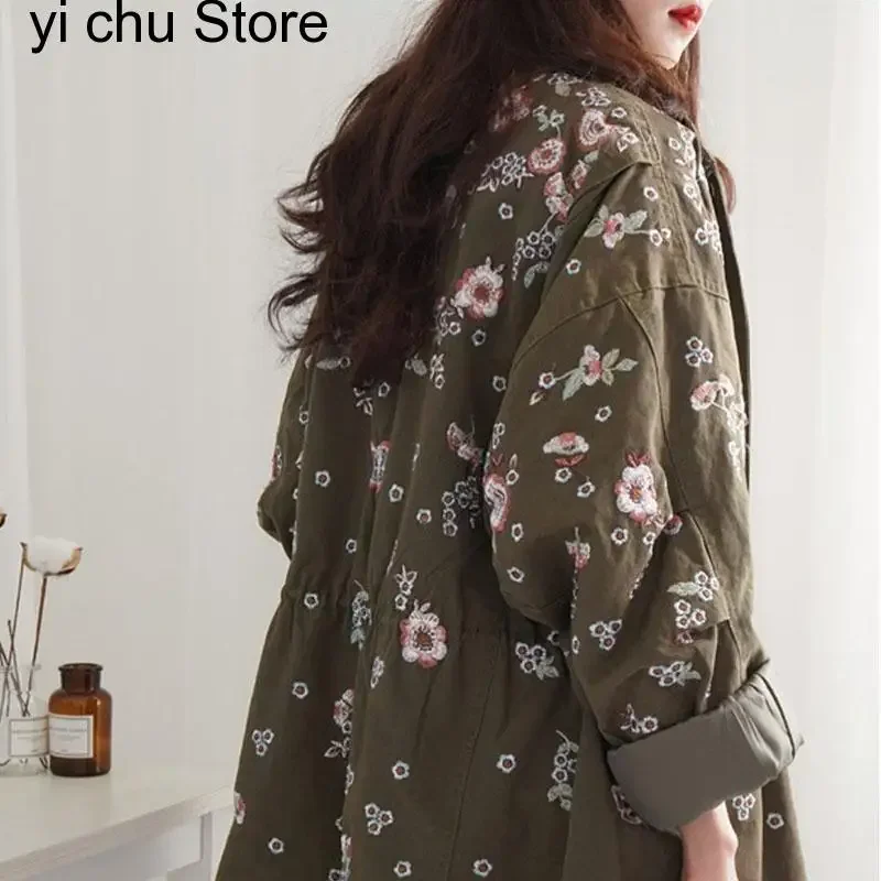 New High Quality Autumn Vintage Flower Embroidery Women's Tooling Trench Casual Fashion Casual Windbreaker Coat