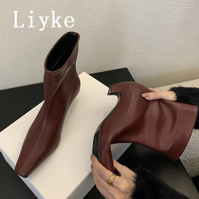 Liyke Autumn Winter PU Leather Ankle Boots Women Fashion Square Toe Short Booties Female Low ThicK Heels Party Shoes Size 35-40