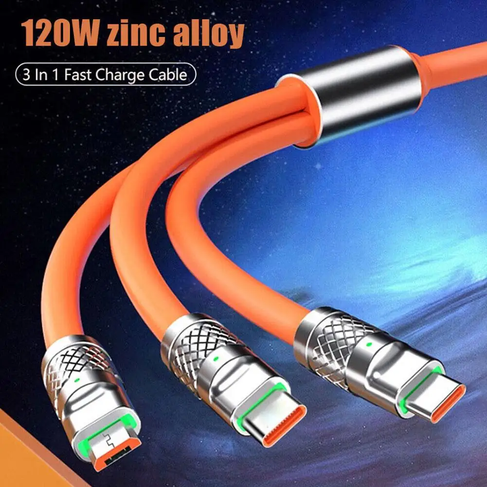 3 In 1 120W 6A Fast Charging Type C Cable Micro USB For IPhone Charging Cable For Samsung Phone Charger USB Cable