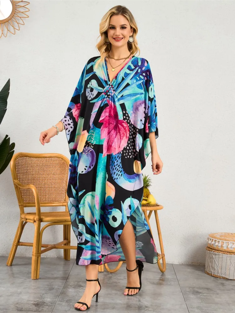 

Новое модное африканское платье-кафтан макси из твила с принтом в стиле бохо, популярное в 2026 году, летнее пляжное богемное длинное платье с рукавами «летучая мышь» для женщин