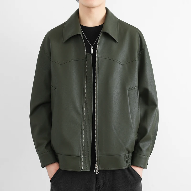 2024 Autumn Men Loose Casual Retro Streetwear Fashion Leather Short Bomber Jacket Motorcycle Coat Spring Outerwear