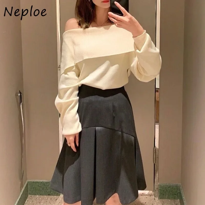 Neploe Slash Neck manica lunga Sweet Jumper Fresh Elegant Simple Loose Woman maglioni Japan Fashion Knit Temperament pullover