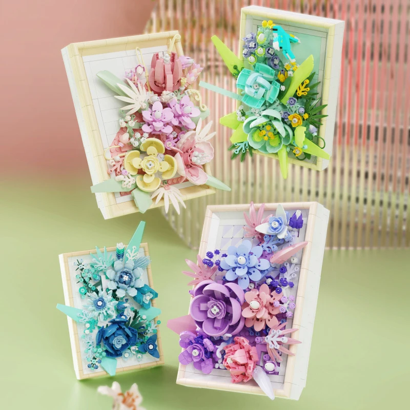 

Eternal Flower Series Photo Frame Rose Bouquet Small Particle Building Blocks With Lamp Assembled Desktop Decorations Model Toys