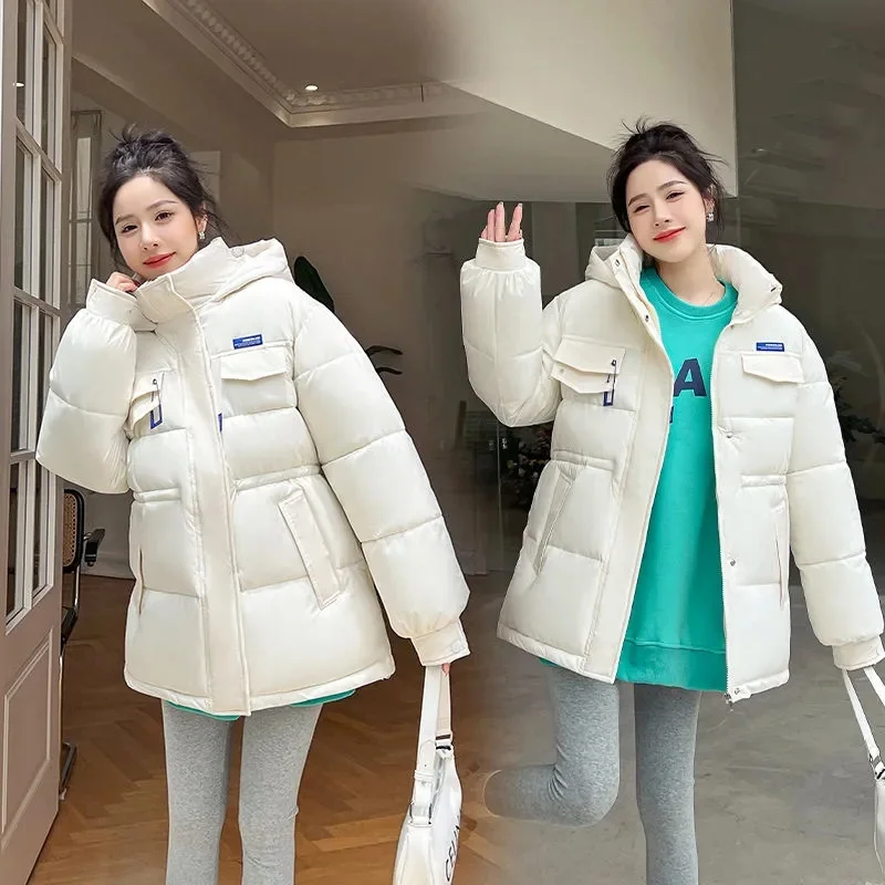 2024 New Korean Style Cotton Padded Coat Women\'s Cropped Hooded Fit Puffer Jacket Petite Thickened Warm Autumn Winter Jacket Tre