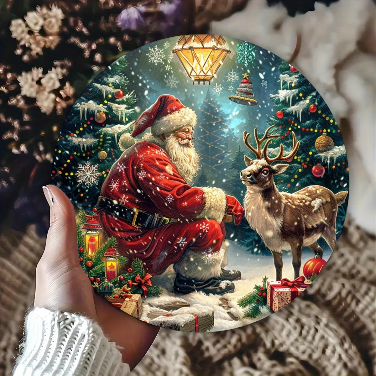 Vintage Christmas Miracle Scene with Santa Claus Gift Night Aluminum Sign, Single Pack, Metal Wall Decor for Home, Restaurant, C