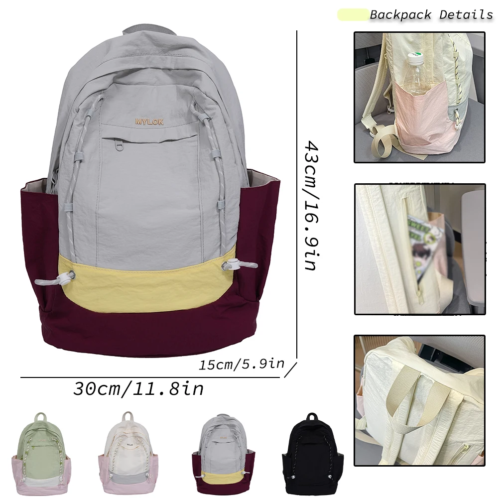 

Color Block Lightweight Nylon Backpack, Casual Daypack with Side Pockets, Water-Resistant Bag for School & Outdoor Use