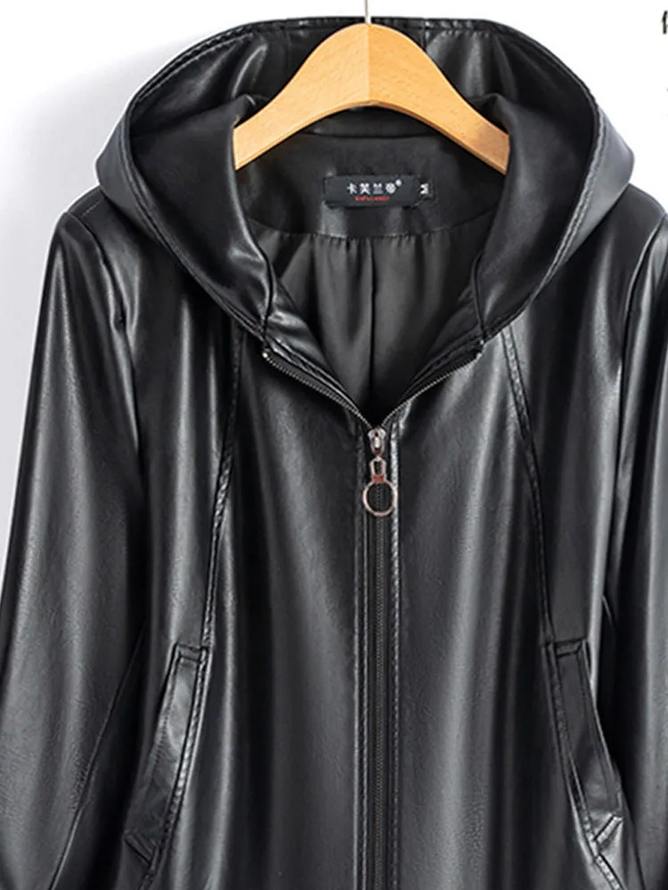 Spring and Autumn New Korean Style Leather Jacket Women's PU Leather Wide Edition Hooded Leather Jacket Casual Zipper Coat
