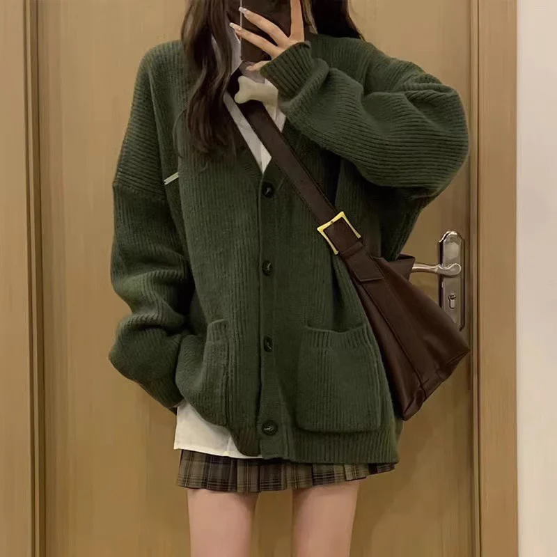 

Korean V-Neck Long Sleeve Cardigan Coat Women Simple Solid Single Breasted Sweater Cardigans Autumn Vintage Loose Knitted Tops