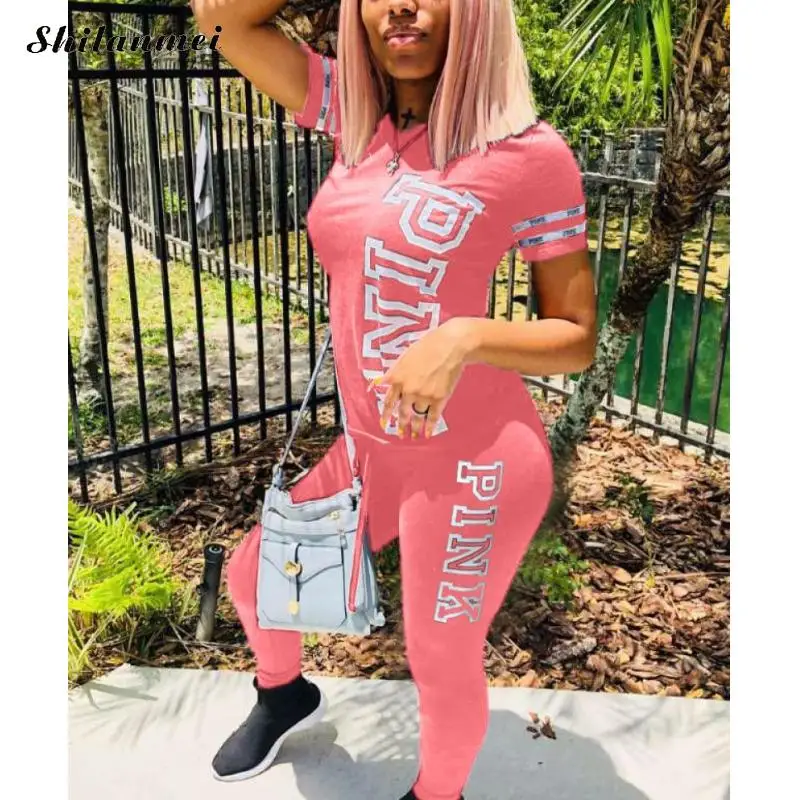 Two Piece Sets Women Pink Letter Print Sportsuit Female Casual Plus  Skinny Pants Sweatsuit Two Piece Tracksuit 2pcs Outfit 2024