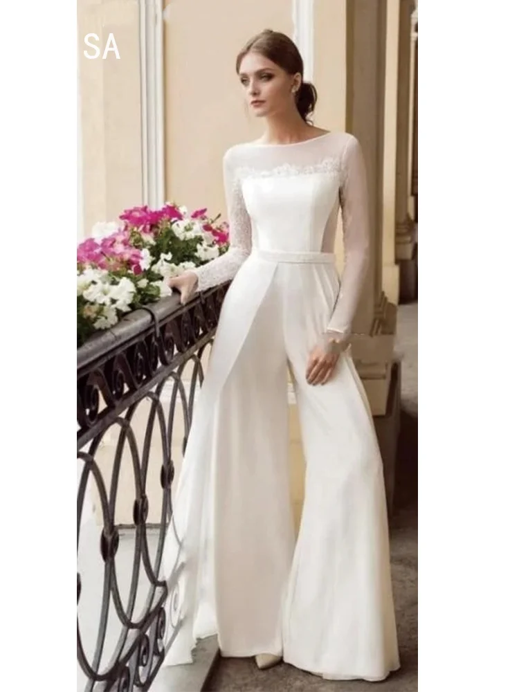 Robe de mariée en dentelle à manches longues, combinaison simple, ceinture, longueur au sol, col rond, patients d'Illuson, quelle que soit la nouvelle robe de mariée personnalisée, 2024