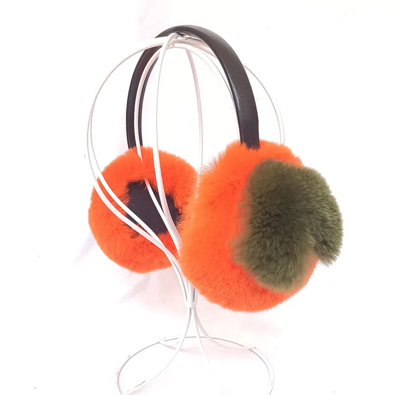 Women Cute persimmon Real Rabbit Fur Earcap Fashion Warm Orange Winter Lovely  Genuine Rex Rabbit Fur Earmuff