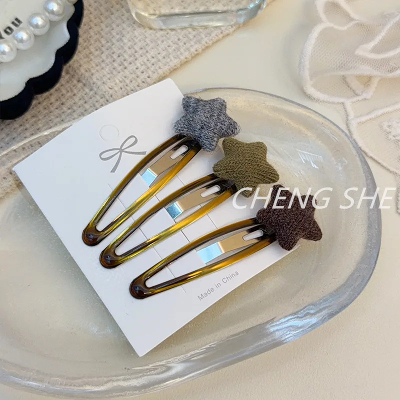 3pcs/set Winter Korean Knitted Star Hair Clip Minimalist Versatile Barrette Side Clip for Bangs Flyaway Hair Cute Gift for Women