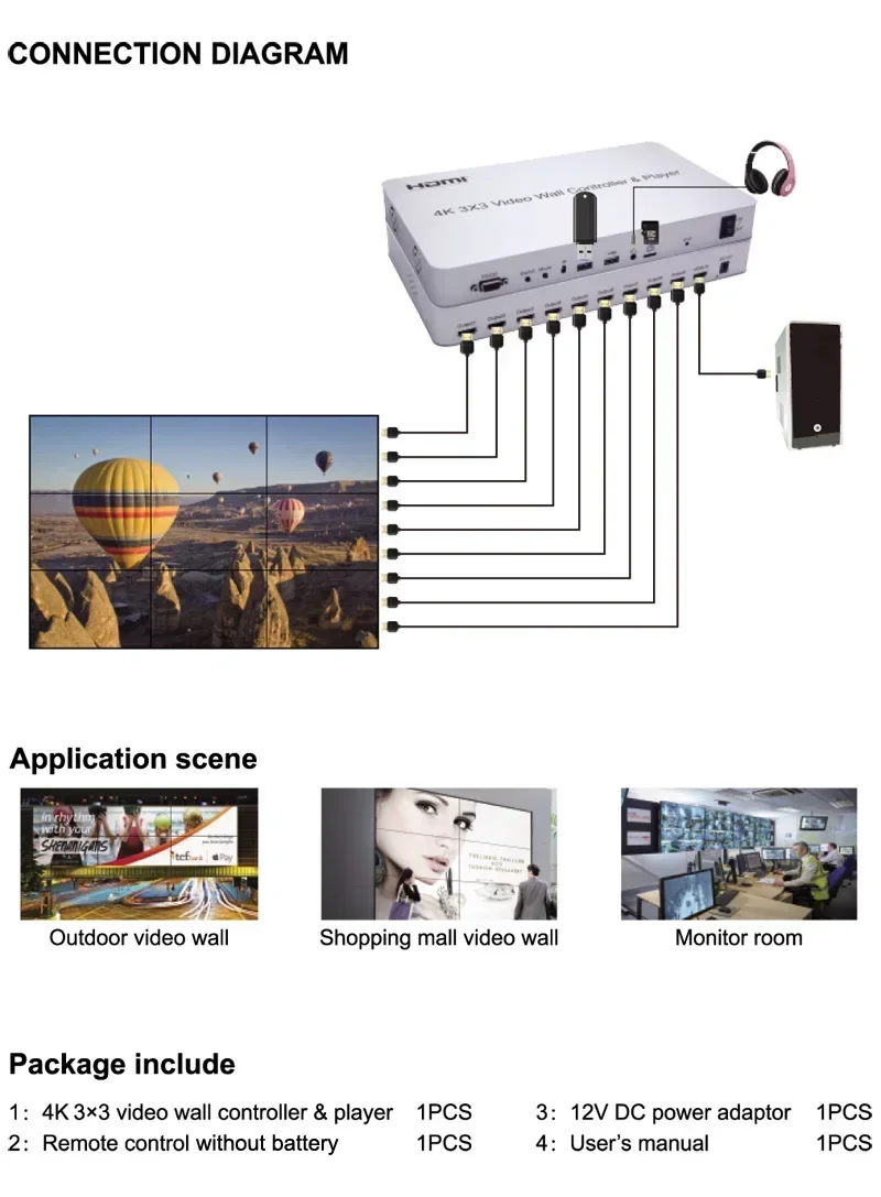 Controlador de parede de vídeo 4k 3x3, reprodutor de disco u, processador de emenda de tela múltipla 4k 2x2 2x3 2x4 1x3 1x4, emenda de parede de tv, emenda de vídeo