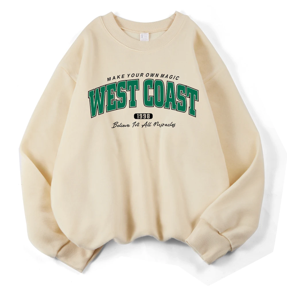 West Coast 1998 Creative Fonts Prints Sweatshirts Womens Loose Sporty Hoodies Fleece Warm O-Neck Tops Winter Comfortable Clothes
