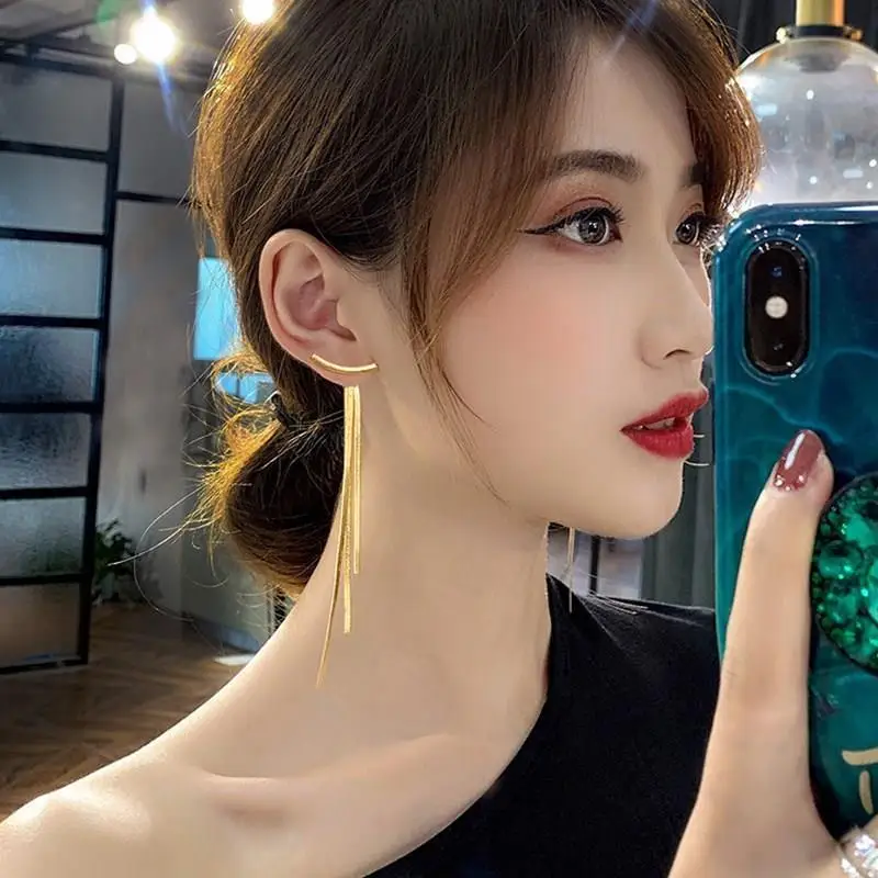Stainless Steel Gold Color Bar Long Thread Tassel Drop Earrings for Women Glossy Vintage Earrings Fashion Jewelry