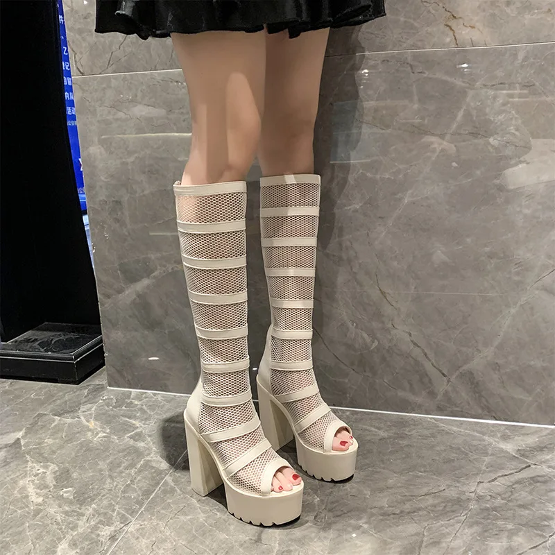 Black White Super High Heels Hollow Mesh Sandals Boots Women Summer Versatiule Peep Toe Thick Heel Platform High Tube Boots view 3