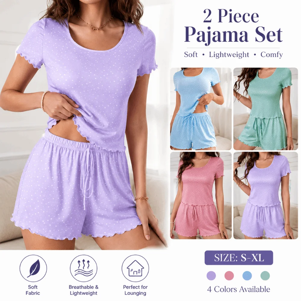Polka Dot Women's Pajama Set Ruffle Trim Ultra Soft Printed Pajama Set T-shirt Top+Short Short Sleeve 2-Piece Loungewear Set