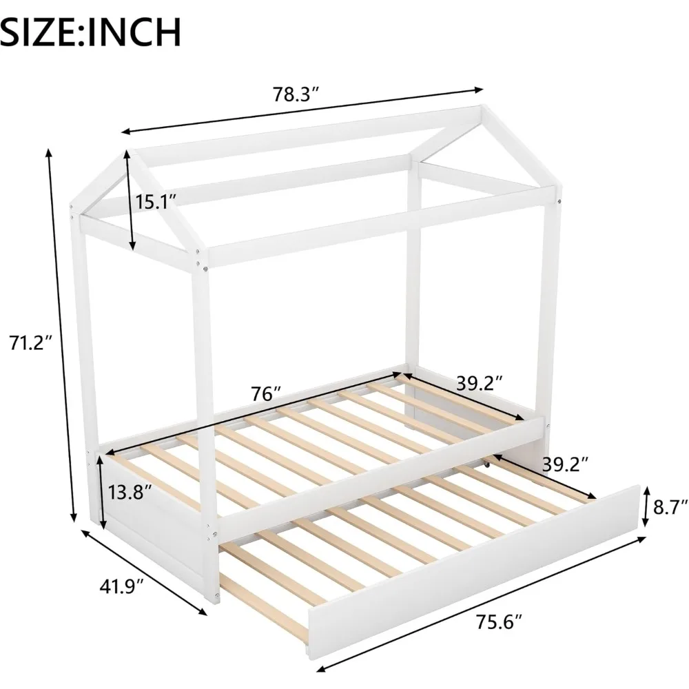Cama de casa dupla Bellemave com rodízio, cama de casa Montessori com design de telhado, estrutura de sofá de madeira para crianças, meninos, meninas, wo resistente