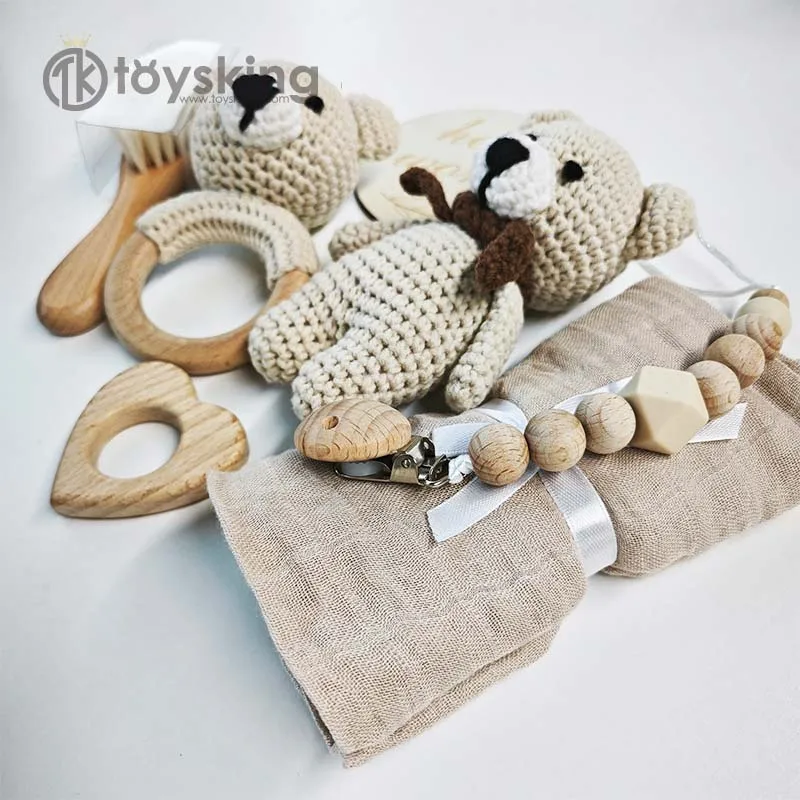 Handmade Crochet Bear Baby Rattle Doll Gift Box Biteable Plush Teether Crib Hanging Sensory Early Education Toy view 5