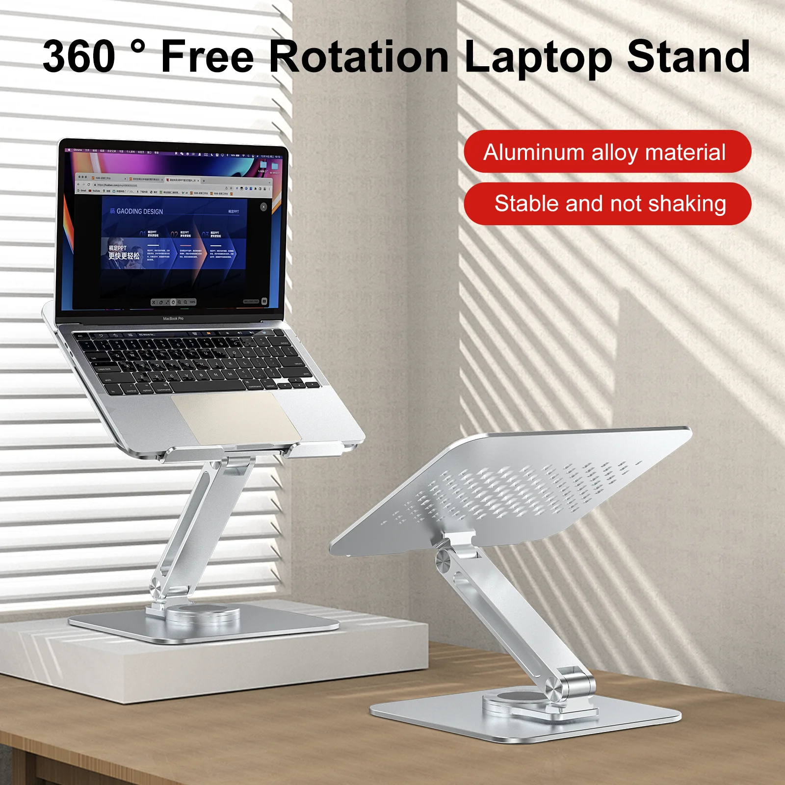 Premium Aluminum Laptop Stand: 360° Adjustable Rotation & Anti-Slip Silicone Base for Ergonomic Workspace Stability  - Image 2