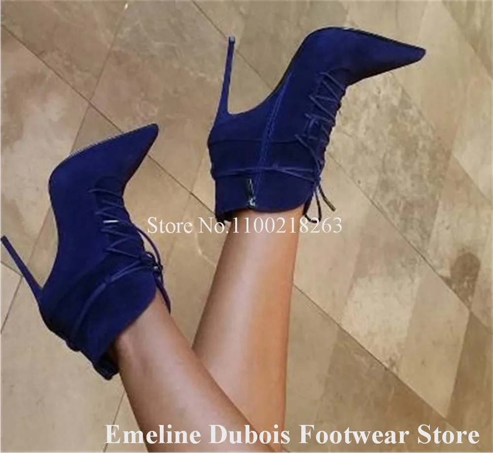 Sexy Blue Beige Short Boots Emeline Dubois Pointed Toe Suede Lace-up Stiletto Heel Ankle Booties Sexy Party Heels Boots