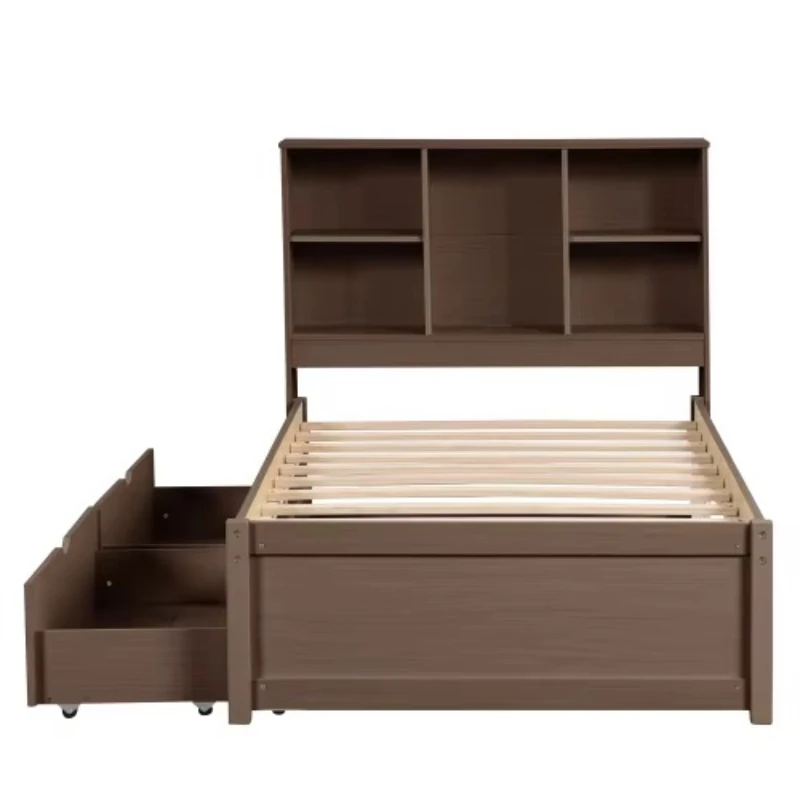 

Modern double bed frame with two storage drawers and bookcase headboard in sturdy solid walnut wood
