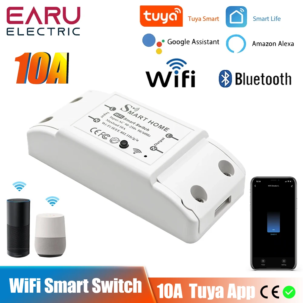 WiFi Tuya 10A Smart Switch Breaker Module Wireless Remote Switch  Voice Control  Work With Alexa Google Home Alice Smart Life