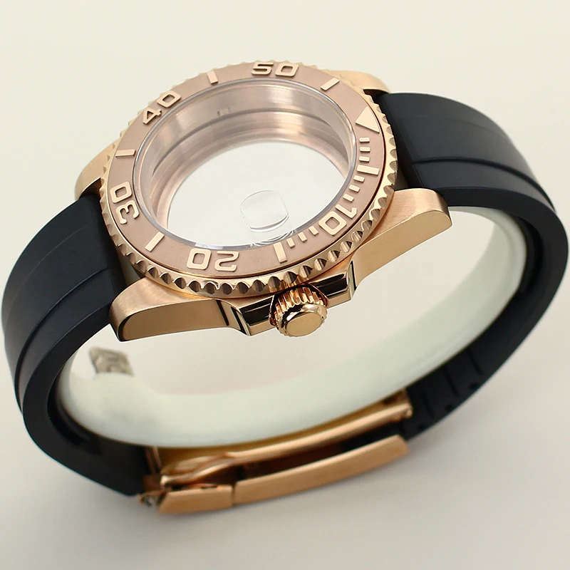 Rose Gold Case 40mm Ms. Watch Case Rubber Strap Sapphire Glass For NH35 NH36 NH34/38 Miyota8215 Eta 2824 Movement Ceramic Bezel