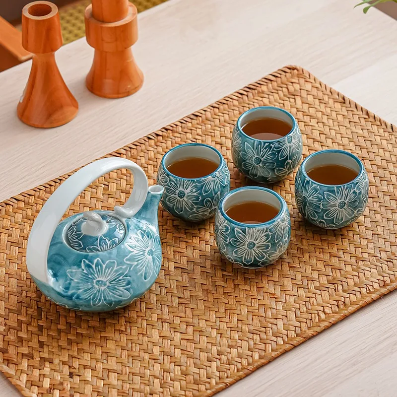 Retro home ceramic tea set, hand-painted high temperature resistant teapot, teacup integrated handle beam style holiday gift