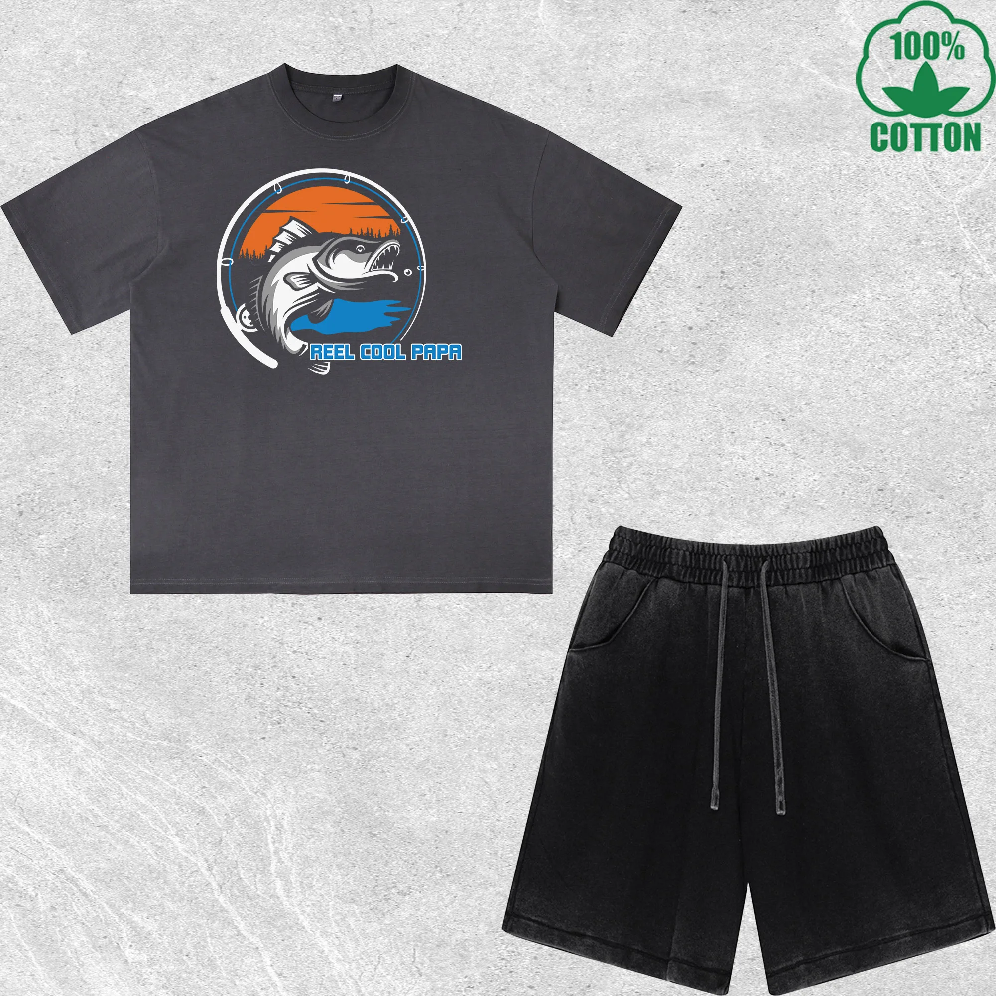

Reel Cool Papa Printed Dirty Wash T-Shirt Shorts Set Multicolor Combo Loose Trendy Fashionable 100%Cotton