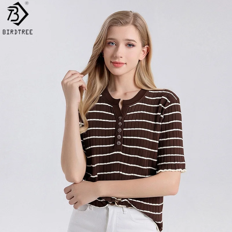 

Birdtree 70% Mulberry Silk 30% Cotton T shirt,Woman Silk Blend Short Sleeve Stripe Single Breasted Knitwear Autumn T59246JF