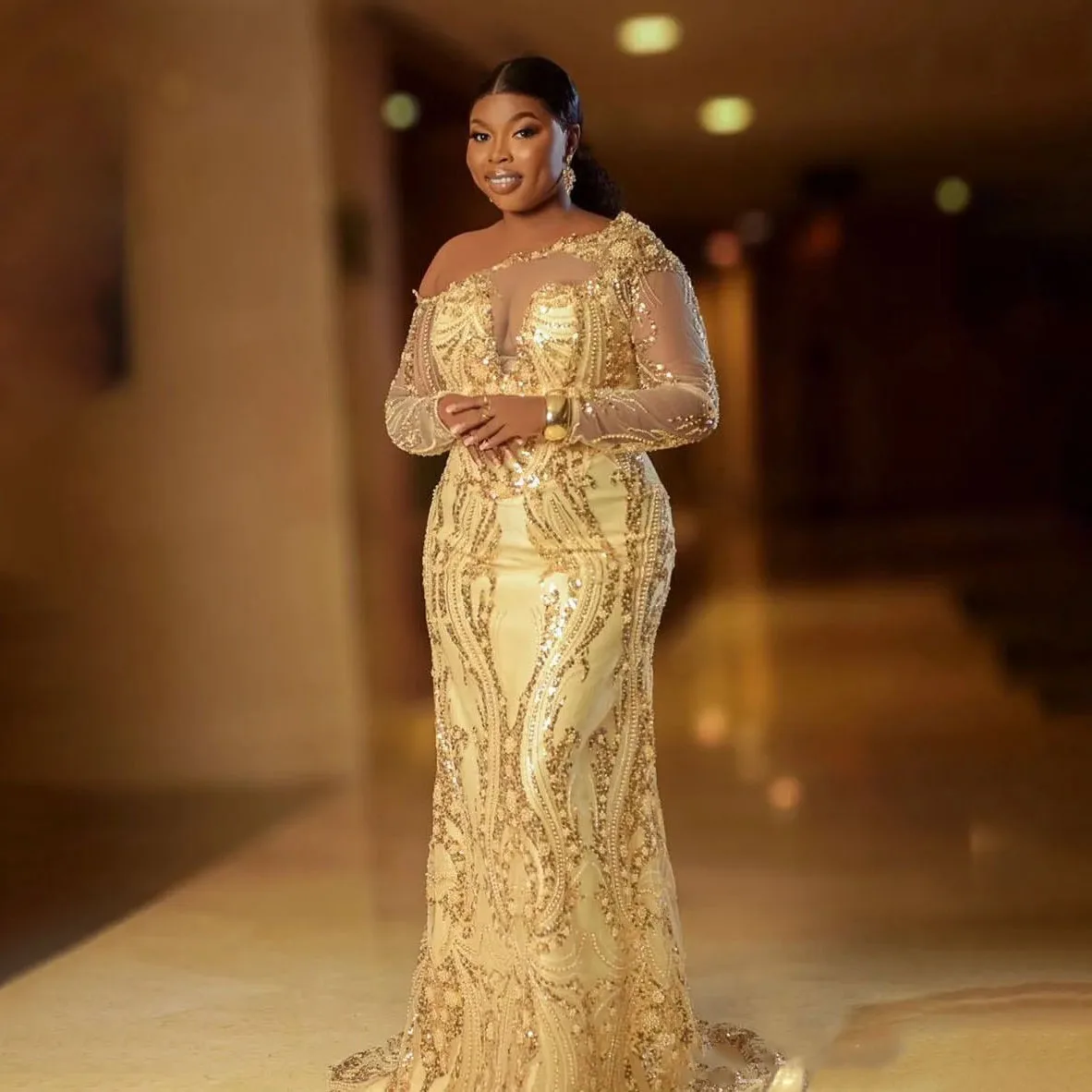 Gold Mermaid Prom Dresses Sequined One Shoulder Full Sleeves Evening Formal Party Second Birthday Engagement Gowns Plus Size Dre