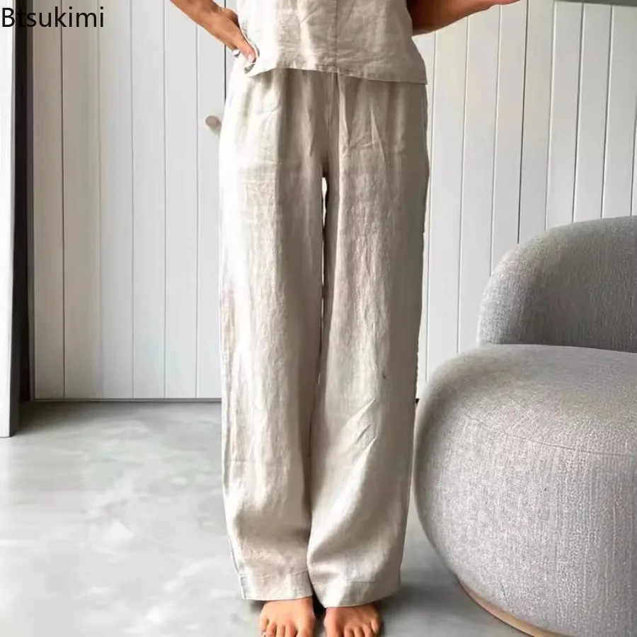New Women's Cotton Linen Casual Sets Solid Sling Tops Wide-leg Pants Sets Summer Loose Vacation Home Clothes Ladies 2-piece Sets