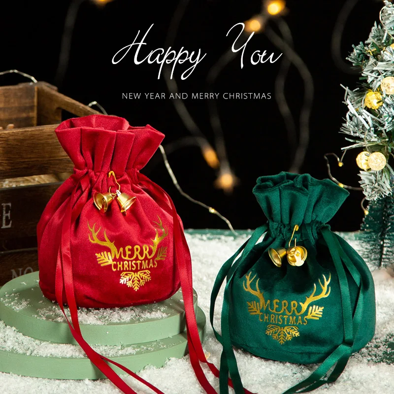 50pcs Christmas Gift Candy Bag Xmas Apple Velvet Drawstring Packing Bag Wedding Birthday Party Favor Gift Wrapping Box Wholesale