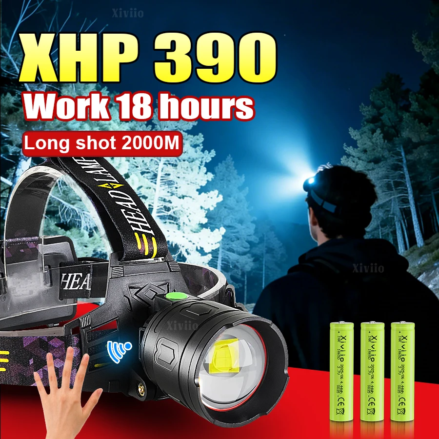 Super Bright XHP390 IR Sensor Headlamp Powerful LED Headlight USB Rechargeable Head Lamp Head Flashlight 18650 Camping Lantern