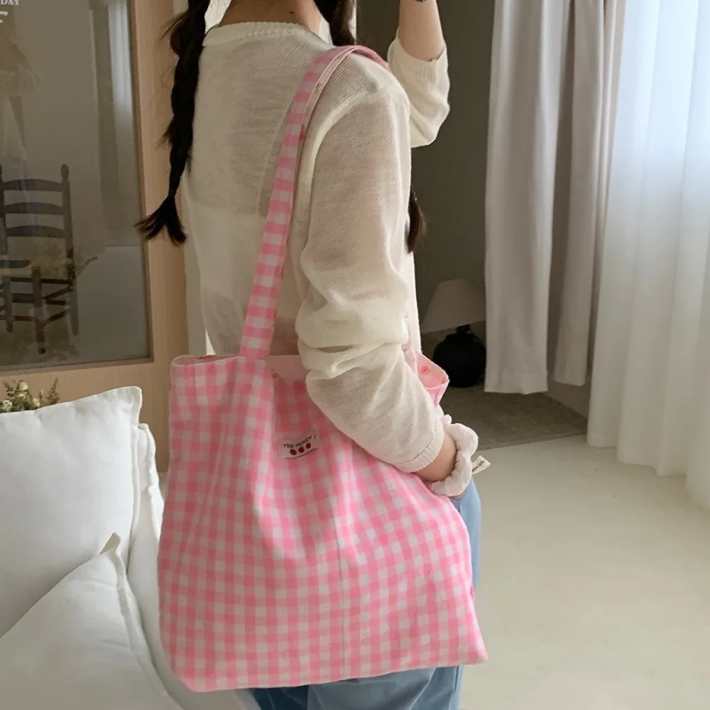 Pink Floral Canvas Shoulder Bag Handbag Korean Travel Beach Bag Double-sided Shopping Totes Bag Girl Lace Underarm Bag