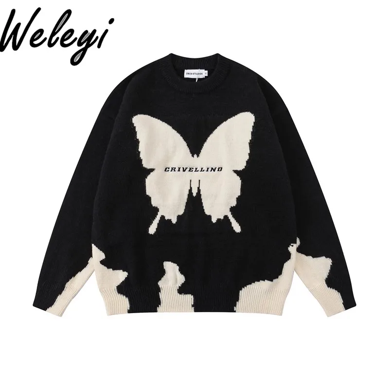 Cute Color Contrast Patchwork Butterfly Sueter Korean Fashion Men and Women Sweaters Casual All Matching Lazy Style Couple's Top