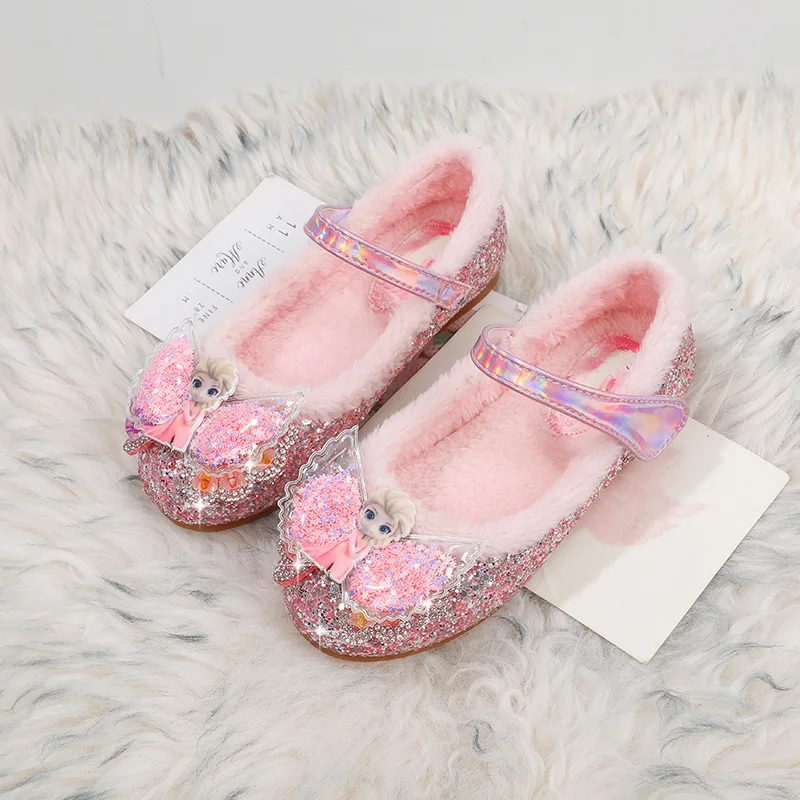 Disney Princess Girls Shoes Frozen Elsa Shoes Performance Party Warm Winter Flats Bow Sequin Pink Blue White Shoes Size 23-36