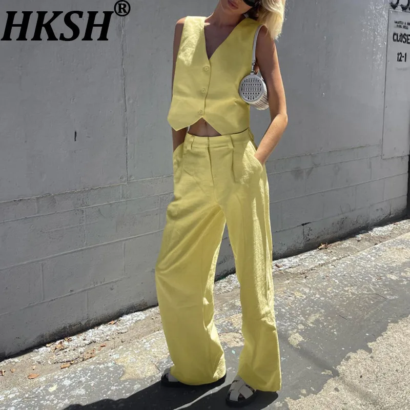 

HKSH весенне-осенний новый женский комплект из двух предметов с v-образным вырезом, однобортный жилет без рукавов, однотонные прямые брюки, Ins HK14234