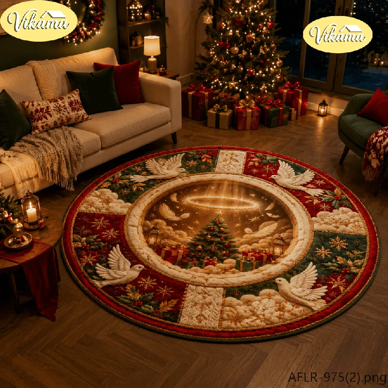 VIKAMA Christmas Angel Round Rug Soft Non Slip Living Room Carpet Praying Angel Design Washable Bedroom Festive Home Decor