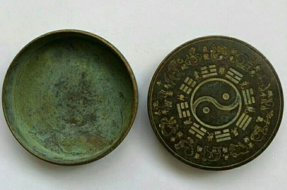 Bronze ink box with patterns of the twelve zodiac signs and eight trigrams China