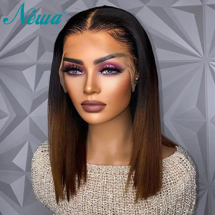

Newa Hair Short Bob Wig 13x6 Lace Front Wig Transparent Lace Human Hair Wig Pre Plucked Ombre Color Brazilian Straight Wig 13x6