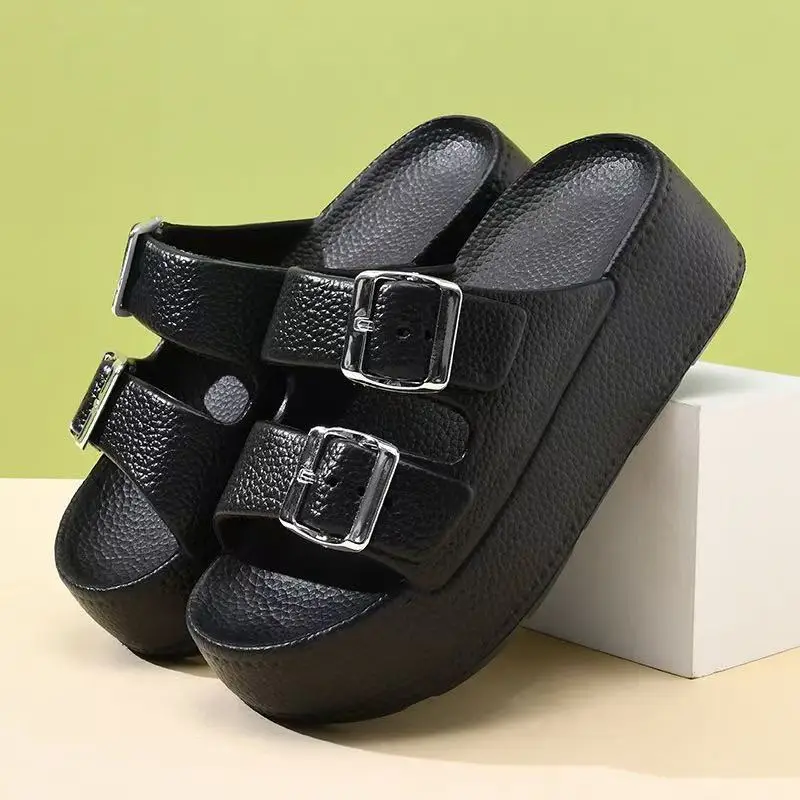 

2025 New Couple Anti-Slip Slides with Double Buckle round Toe Home Slippers for Women Outdoor Wear Comfortable Matching Slippers
