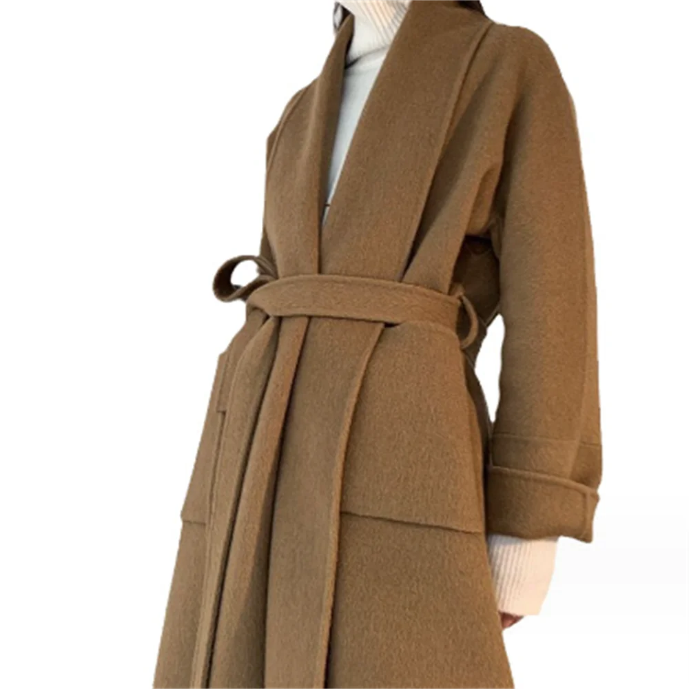 

Autumn and winter grey loose collar double-sided wool coat pocket long jacket women