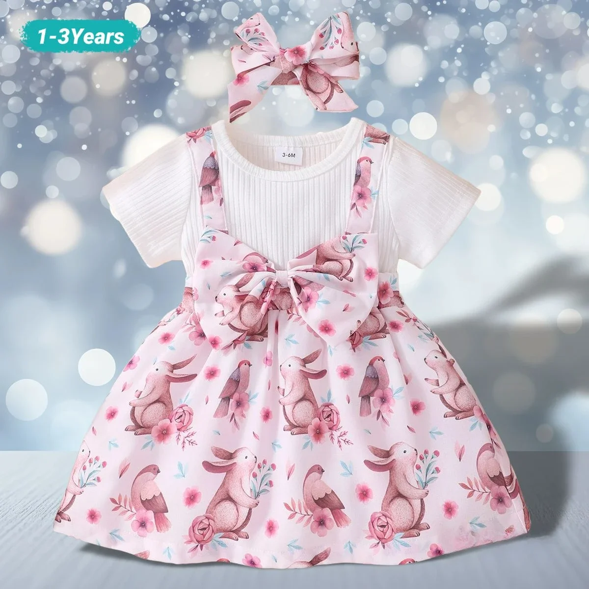 

New Baby Dresses Fake 2 Pieces Baby Girl Summer Clothes Cute Animal Rabbit Short Sleeve Bow Girls Dress+ Headband 0-3 Years