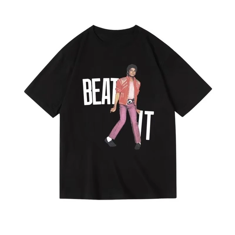 بلوزة مايكل جاكسون Mj ريترو مطبوعة من القطن الخالص برقبة دائرية وأكمام قصيرة نصف كم للأولاد والبنات #4