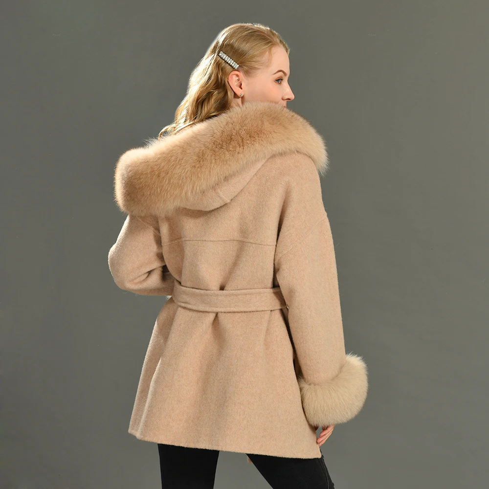 2024 Real Fur Coat Hood Winter Jacket Women 100% Natural Fox Fur Collar Cuffs Cashmere Wool Blend Oversize Outerwear New Loose