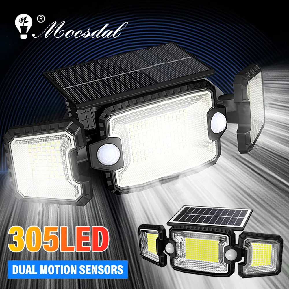 3 Head Solar Outdoor Light with Two Motion Sensors 305LED Flood Light Waterproof for Exterior Doors Garage Deck Garden Patio