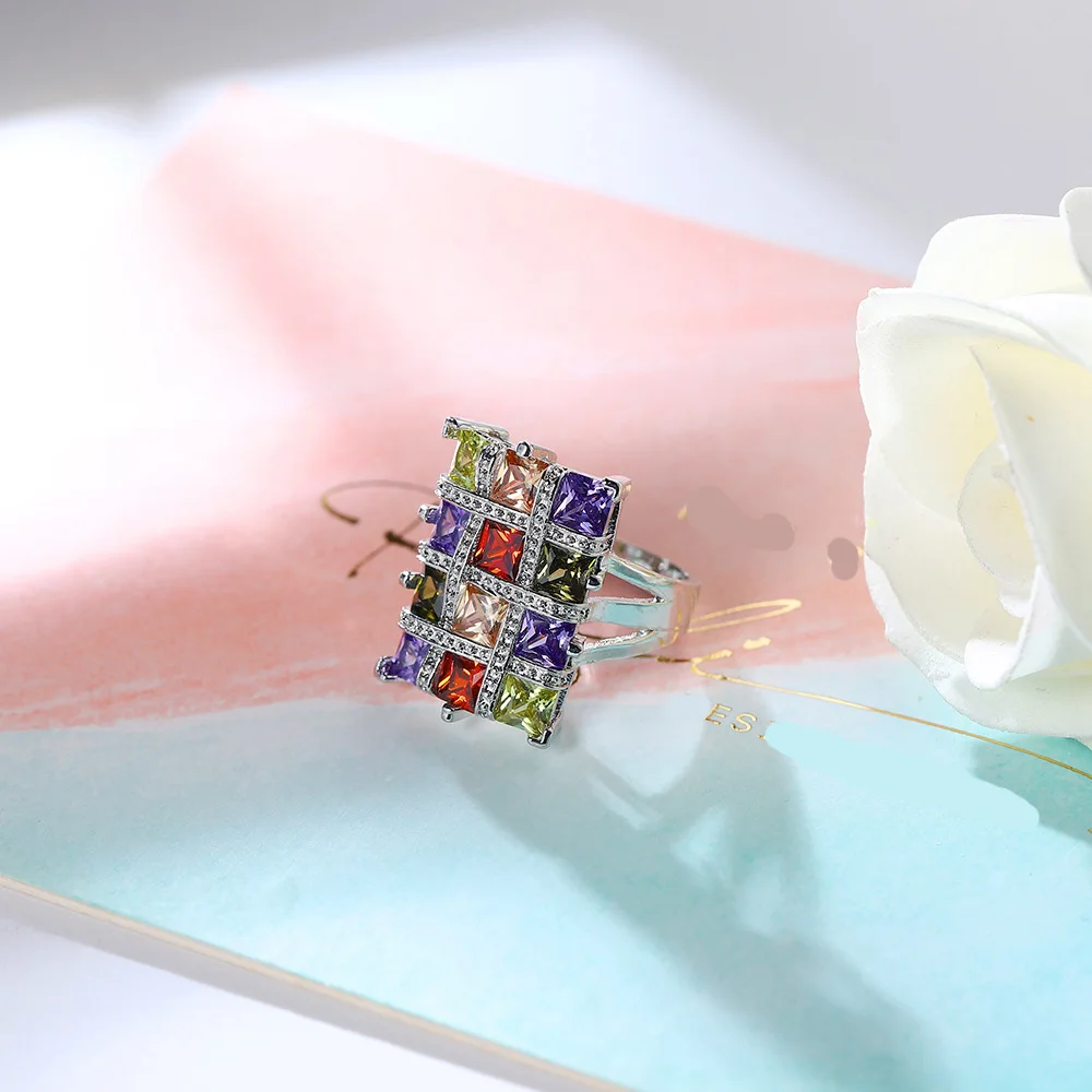 Fashion Colorful CZ Crystal 925 Sterling Silver Jewelry Square Width Party Finger Ring For Women Wedding Engagement Rings